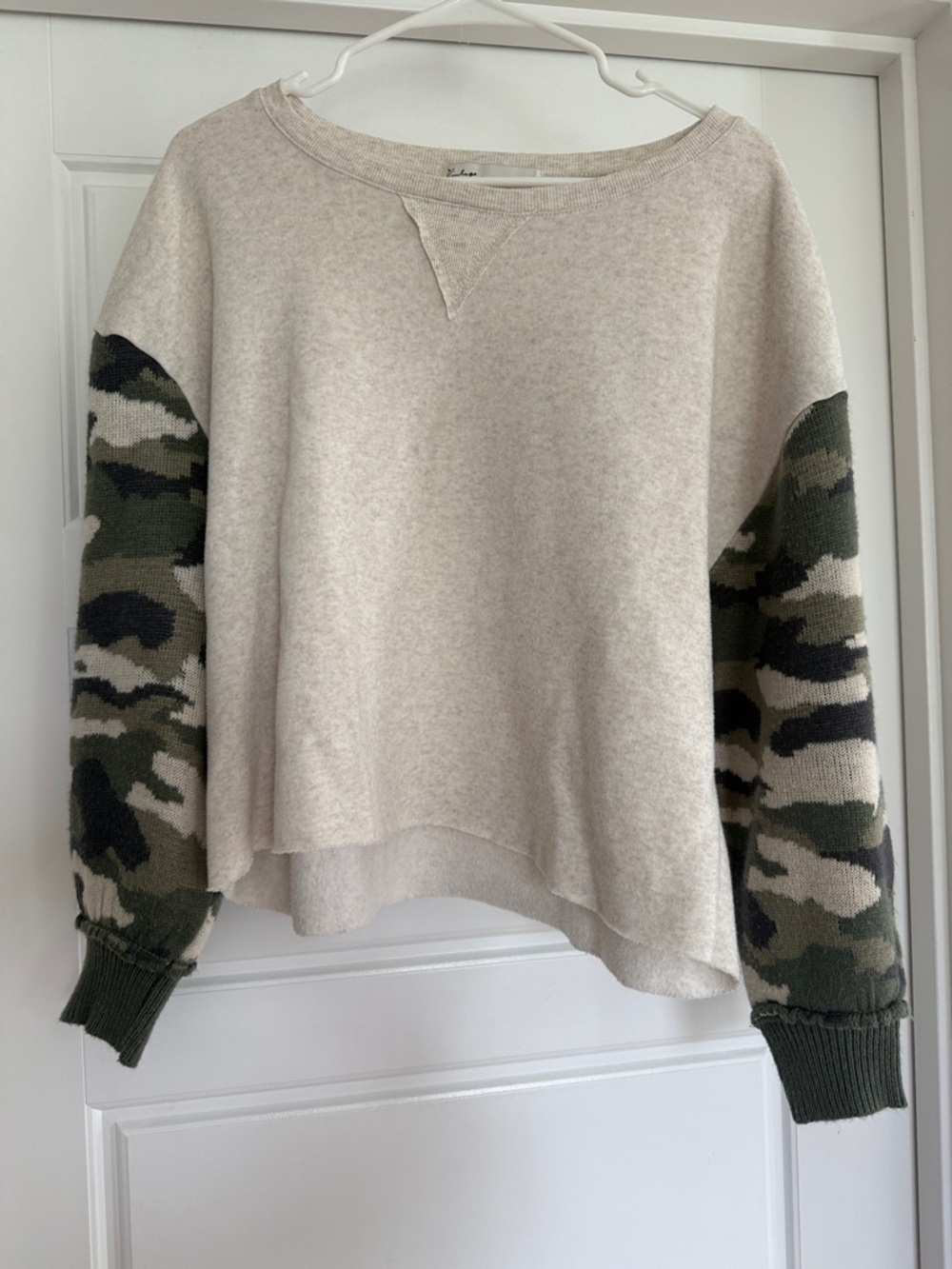 Vintage Havana Cream Sweatshirt with Camo Knit Sleeves